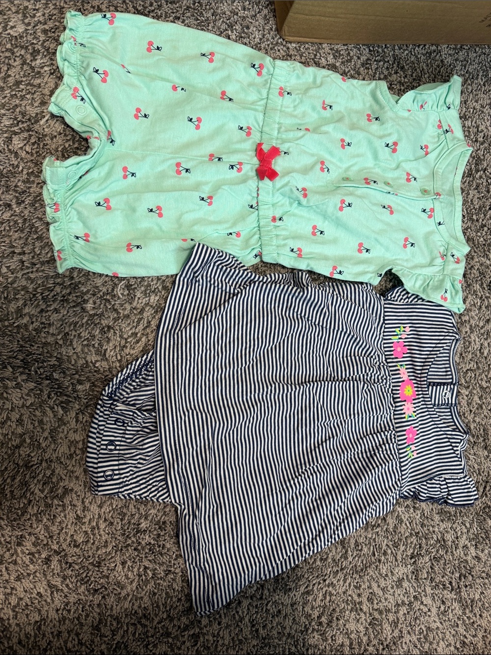 3 Set Carter's Mint Green Cherry Romper and Navy Striped Dress Set, Red Dress